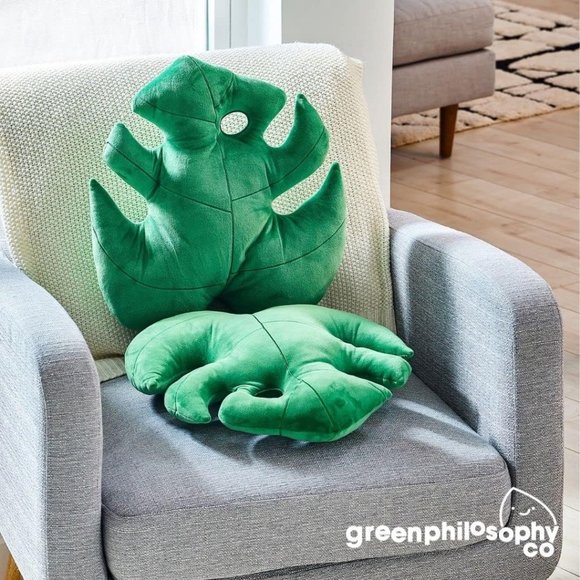 Green 3D Accent Monstera Deliciosa Succulent Philosophy Plush Leaf Throw Pillow - Picture 7 of 8